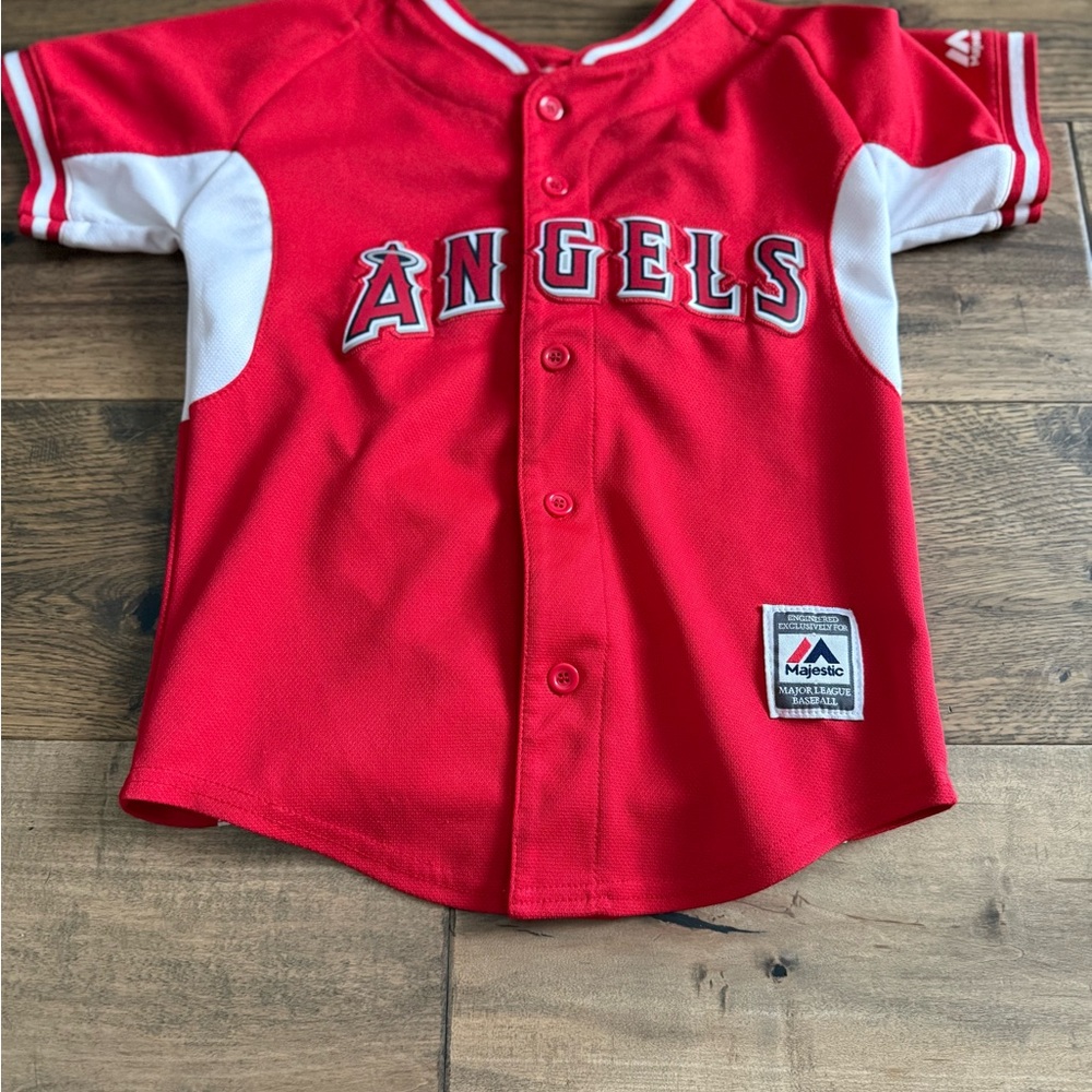 Majestic Red and White Kids Angels Jersey, Size S (8).  Mike Trout #27, Angels.